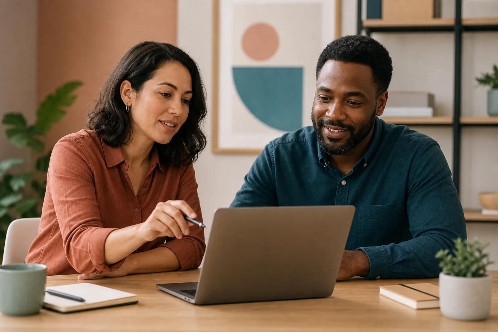 Business owner and colleague reviewing domain settings together on a laptop