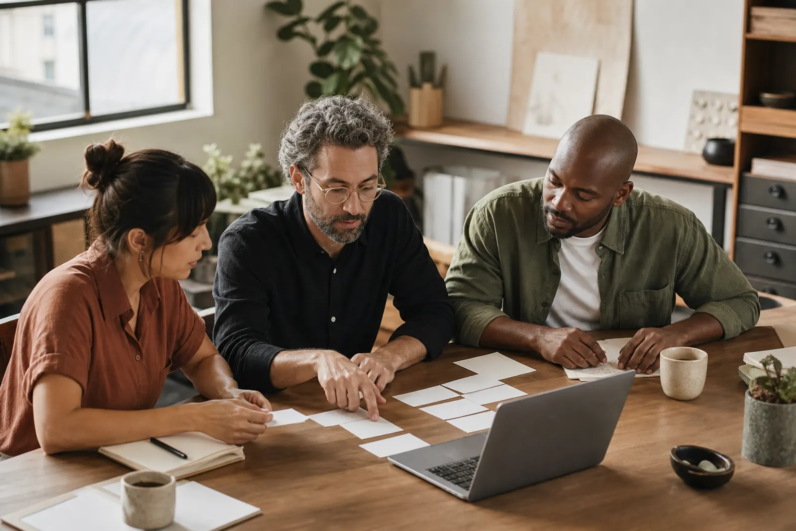 Three coworkers carefully organizing customer and supplier contact cards