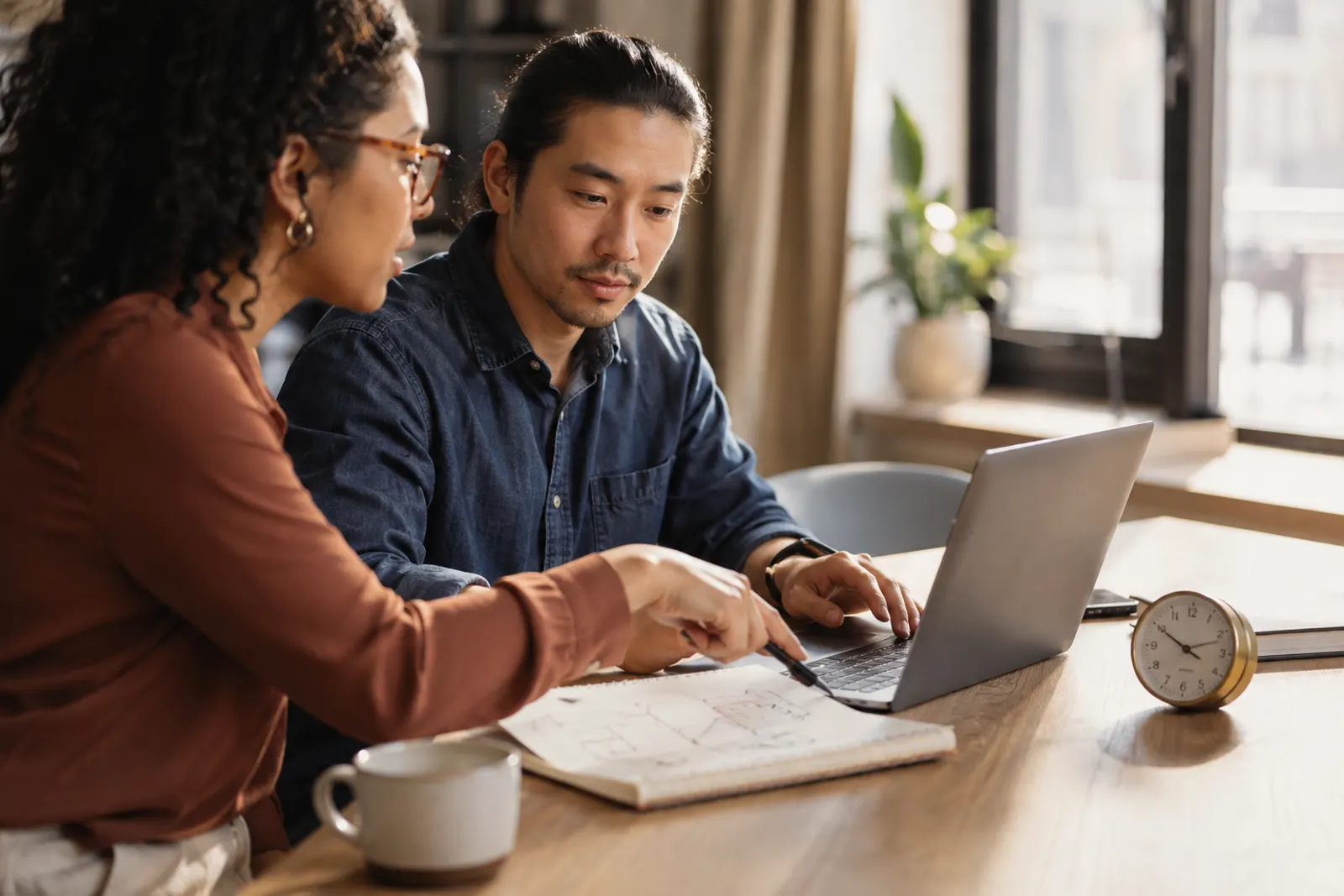Two teammates reviewing a follow-up plan beside a laptop and desk clock