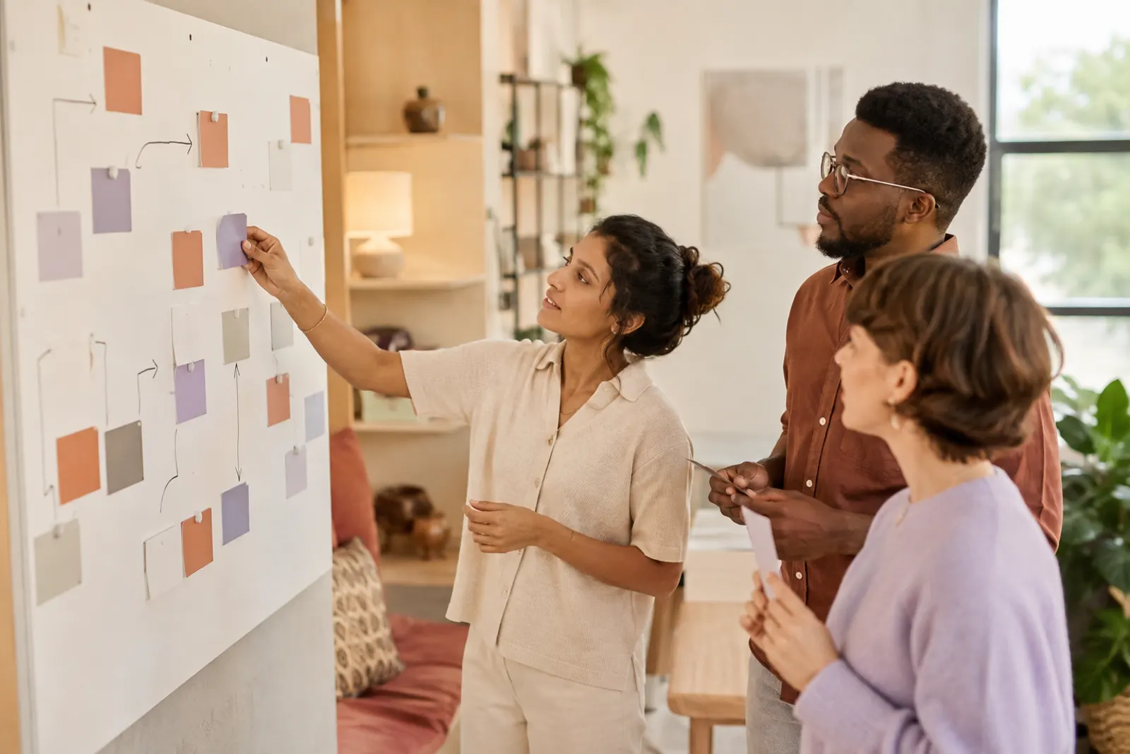 Three coworkers organizing a simple team workflow on a wall board