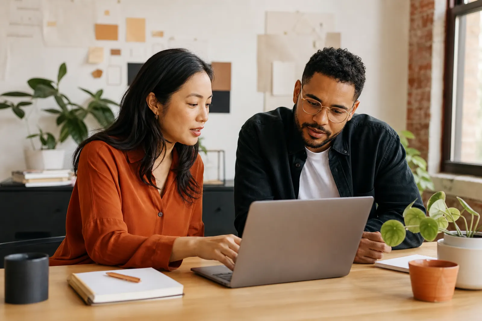 Two coworkers reviewing a customer message together on a laptop